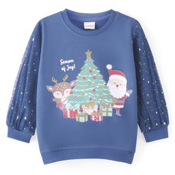 Babyhug Cotton Knit Half Sleeves Sweatshirt with Foil & Mesh Detailing Christmas Theme Design - Blue-image-70