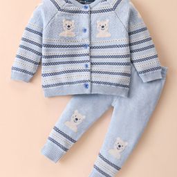 ToffyHouse Cotton Knitted Raglan Sleeves Front Open Winter Wear Set With Teddy & Aztec Print - Sky Blue-image-52