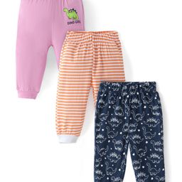 Doodle Poodle Single Jersey Knit Full Length Lounge Pants With Stripes & Dinosaurs Print Pack Of 3 - Pink Orange & Navy-image-65