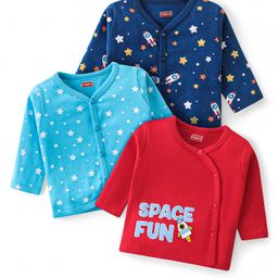Babyhug 100% Cotton Antibacterial Front Open Vest With Space Theme Print Pack of 3 - Blue & Red-image-4