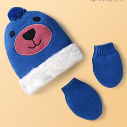 Babyoye100% Cotton Knit Woollen Cap & Mittens With Bears Print & Pom Pom Applique Navy Blue - Diameter 15 cm-image-22
