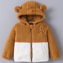 Kookie Kids Full Sleeves Colour Block Winter Fur Jacket with Bear Applique - Brown-image-78