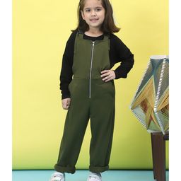 BaawRi French Terry Zipper Dungaree With Full Sleeves Solid Top Set - Olive Green & Black-image-89