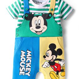 Babyhug Disney Single Jersey Knit Cut & Sew Dungaree & Half Sleeves Striped T-Shirt with Mickey Mouse Graphics - Multicolor-image-57