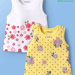 Babyoye Cotton Knit Sleeveless Tank T-Shirts With Floral Print & Bow Applique Pack Of 2 -White & Yellow-image-37