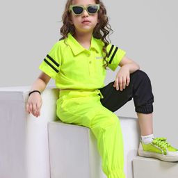 Ollington St. Sinker Knit Half SleevesColorblock Taped Top & Joggers Set - Neon Green Black-image-16