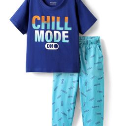 Honeyhap Premium 100% Cotton Knit With Bio Finish Half Sleeves Night Suit With Text Print - Limoges & Scuba Blue-image-66