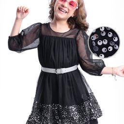Hola Bonita KnitThree Fourth Sleeves Party Frock with Glitter Mesh & Sequin - Black-image-78