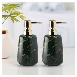 KOOKEE Ceramic Soap Dispenser for handwash for Bathroom, Green/Gold, (Set of 2) (10823)-20
