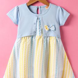 Dew Drops Poplin Woven Half Sleeves Striped Frock with Attached Shrug & Bow Applique - Aqua Blue-image-93