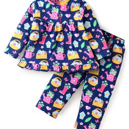 Babyhug Cotton Knit Front Open Full Sleeves Night Suit with Floral Print - Navy Blue-image-6