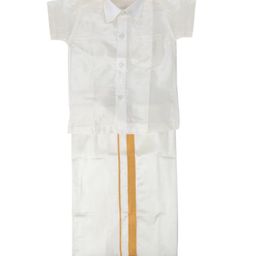Smiley Buttons Half Sleeves Solid Mundu Lungi Set - White-image-42