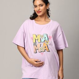 The Mom Store Half Sleeves Mama Text Printed Oversized Maternity Tee - Lavender-image-52