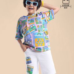 Ollington St. Cotton Half Sleeves Printed T-Shirt & Twill Lycra Shorts Set - Multicolor & White-picture-34