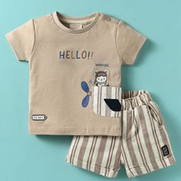 Ollypop Interlock Knit Half Sleeves T-Shirt & Shorts Set with Text Print & Stripes - Ivory-picture-3