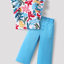 OLLINGTON ST. Cotton Sleeveless Floral Printed Frill Top & Knit Culotte Set - Multicolor & Light Blue-image-74