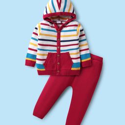 Babyhug Cotton Knit Full Sleeves Front Open Hooded Sweater Set with Stripes Design & Kangaroo Pockets - Red & White-image-31