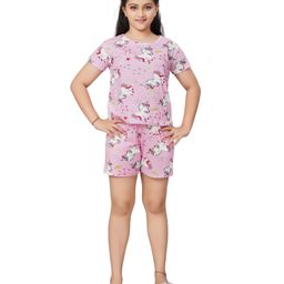 Ninos Dreams Cotton Knit Half Sleeves Unicorns Printed Coordinating Tee & Shorts Set - Light Pink-image-32