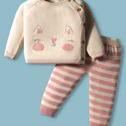ToffyHouse 100% Knitted Cotton Full Sleeves Kitten Design T-Shirt & Striped Leggings Winter Wear Suit - Light Pink & Beige-picture-10