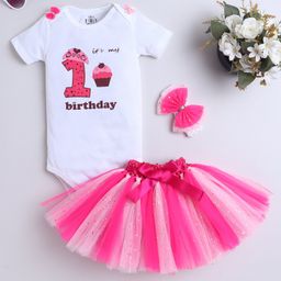 TINY MINY MEE Elastane Woven Birthday Theme Half Sleeves Its My 1st Birthday Text Printed Onesie With Shimmered Tutu Skirt & Headband - Multi Colour-picture-16