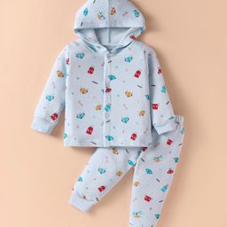 Simply Fleece Knit Full Sleeves Hooded Co-ords Winter Night Suit with Robot Print - Light Blue-image-31