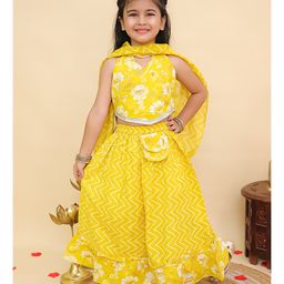 AJ Dezines Cotton Woven Sleeveless Chevron & Floral Printed Lehenga Choli With Dupatta Set - Yellow-image-12