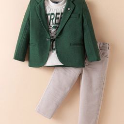 Dapper Dudes Full Sleeves Textured Blazer With Street Racer Text Printed Tee & Pant Set - Green-picture-48