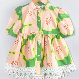 Hugsntugs Cotton Woven Half Puffed Sleeves Floral Printed & Lace Detailed Frock Style Top - Green-picture-12