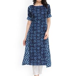 Indibelle Women Blue Printed A-Line Kurta-12