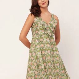Moomaya Green & Peach Floral Print A Line Dress-image-56