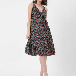 Moomaya Navy & Green Floral Print A Line Dress-picture-13