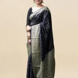 Satrani Black & Golden Woven Saree With Unstitched Blouse-image-19