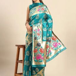 Saree Mall Blue Silk Woven Saree With Unstitched Blouse-image-63