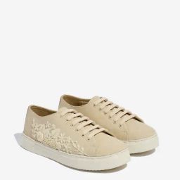 LUNA BLU by Westside Beige Floral Embroidered Lace-Up Sneakers-image-1