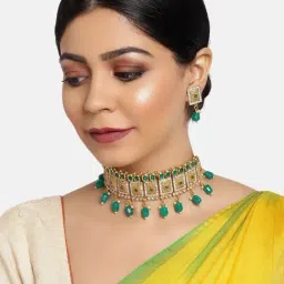 Zaveri Pearls Gold Tone Ethnic Green Stones & Beads Choker Necklace & Earring Set-ZPFK9780-image-36