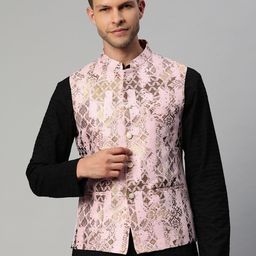 MANQ Men Pink & Golden Woven Design Nehru Jacket-picture-58