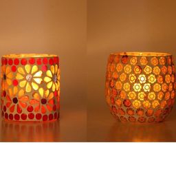 Somil Vibrant Multicolor Glass Candle Holder Add A Touch Of Magic To Diwali, Parties & Candlelight Dinners, Size-7 X 7 X 7 Cm , 8.5 X 8.5 X 9 Cm Pack OF 2-image-96
