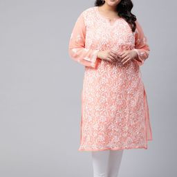 ADA Women Plus Size Peach-Coloured & White Ethnic Motifs Chikankari Handloom Kurta With Slip-image-16