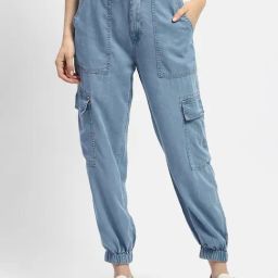 MADAME Light Blue Cotton Regular Fit Joggers-image-48