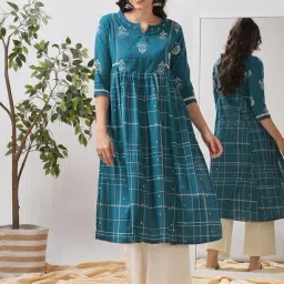 Kami Kubi Teal Cotton Checked Kurti-picture-17
