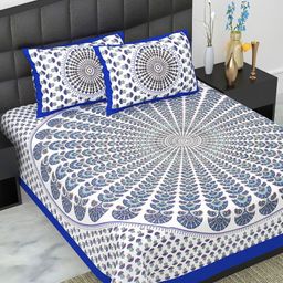 Myntra Elegant Homes Blue & White Floral 144 TC Queen Bedsheet with 2 Pillow Covers-image-77