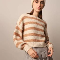 Only Beige & Brown Striped Pullover-image-1