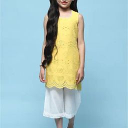 BIBA Girls Yellow & White Self Design Kurta with Pants-image-53