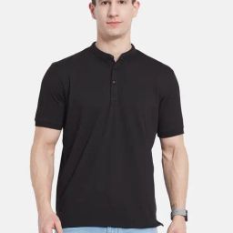 Octave Black Cotton Regular Fit Self Pattern Henley T-Shirt-32
