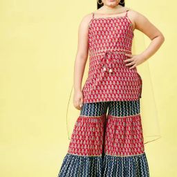 StyloBug Girls Red Cotton Printed Kurti Set-image-60