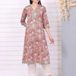 Aurelia Red Cotton Regular Fit Floral Print Kurta-image-29