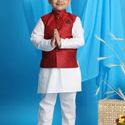 VASTRAMAY Boys Maroon & White Self Full Sleeves Kurta Sets-image-54