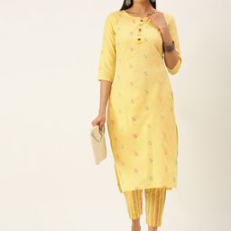 Saanjh Women Yellow Woven Design Pure Cotton Kurta with Trousers-44