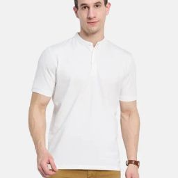 Octave White Cotton Regular Fit Self Pattern Henley T-Shirt-picture-10