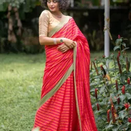 Suta Orange Cotton Striped Saree Without Blouse-picture-8